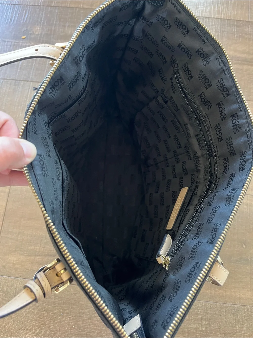 Michael Kors Jet Set Black Leather Tote with Tan Straps and Gold MK Charm